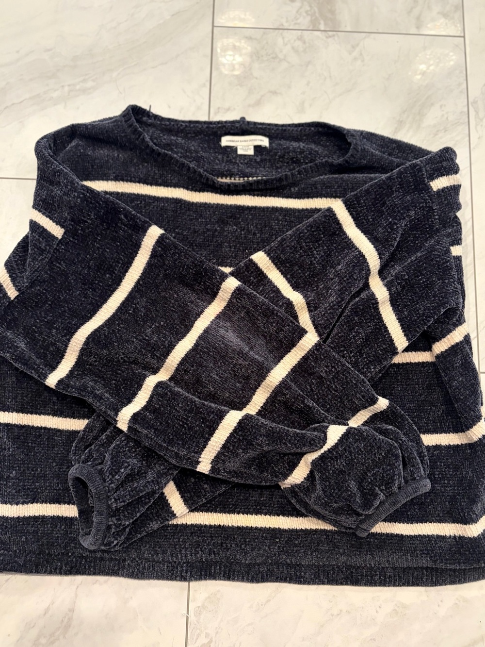 American Eagle Outfitters women's charcoal and Cream Striped cropped Sweater